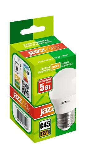 Лампа светодиодная PLED-ECO-G45 5Вт шар 3000К тепл. бел. E27 400лм 220-240В JazzWay 1036957A фото 2 Лампа светодиодная PLED-ECO-G45 5Вт шар 3000К тепл. бел. E27 400лм 220-240В JazzWay 1036957A фото 2
