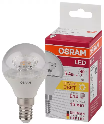 Лампа светодиодная LED STAR CLASSIC P 40 5.4W/830 5.4Вт шар 3000К тепл. бел. E14 470лм 220-240В прозр. пласт. OSRAM 4052899971622 фото 2