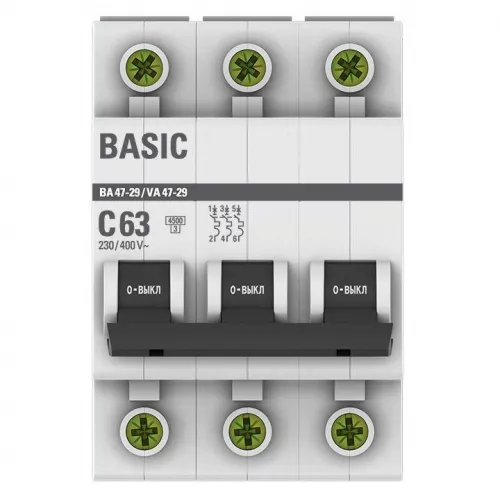 Выключатель автоматический модульный 3п C 63А 4.5кА ВА 47-29 Basic EKF mcb4729-3-63C фото 2
