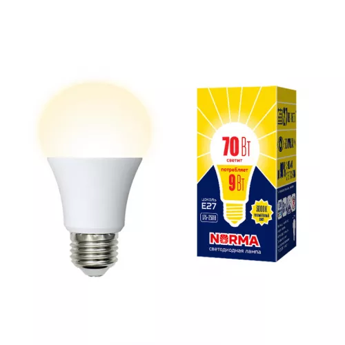 LED-A60-9W/3000K/E27/FR/NR Лампа светодиодная. Форма "A", матовая. Серия Norma. Теплый белый свет (3000K). Картон. ТМ Volpe LED-A60-9W/3000K/E27/FR/NR Лампа светодиодная. Форма "A", матовая. Серия Norma. Теплый белый свет (3000K). Картон. ТМ Volpe