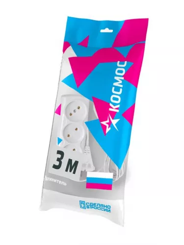 Удлинитель 3х3м 6А IP20 ПВС 2х0.75 Космос YKsm3m-3g(6A)S фото 2