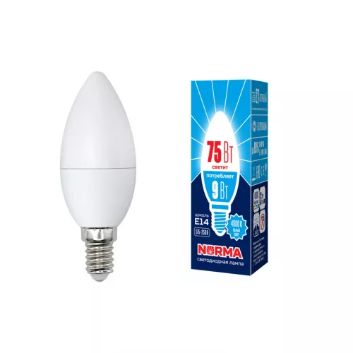 LED-C37-9W/NW/E14/FR/NR Лампа светодиодная. Форма "свеча", матовая. Серия Norma. Белый свет (4000K). Картон. ТМ Volpe LED-C37-9W/NW/E14/FR/NR Лампа светодиодная. Форма "свеча", матовая. Серия Norma. Белый свет (4000K). Картон. ТМ Volpe