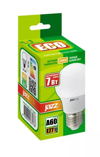 Лампа светодиодная PLED-ECO-A60 7Вт грушевидная 3000К тепл. бел. E27 570лм 230В JazzWay 1033178 фото 2