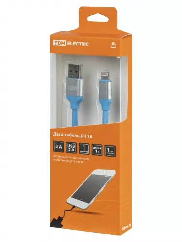 Дата-кабель, ДК 18, USB - Lightning, 1 м, силиконовая оплетка, голубой, TDM фото 4