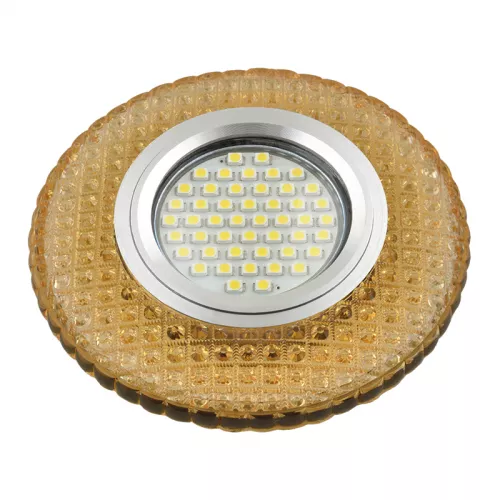 DLS-L135 GU5.3 GLASSY/GOLD Светильник декоративный встраиваемый, серия Luciole. Без лампы, цоколь GU5.3. Доп. светодиодная подсветка 3Вт. Стекло. Зеркальный/светло-желтый. ТМ Fametto