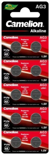Элемент питания алкалиновый "таблетка" G 3 Mercury Free AG3-BP0%Hg 392A/LR41/192 BL-10 (блист.10шт) Camelion 12811 Элемент питания алкалиновый "таблетка" G 3 Mercury Free AG3-BP0%Hg 392A/LR41/192 BL-10 (блист.10шт) Camelion 12811
