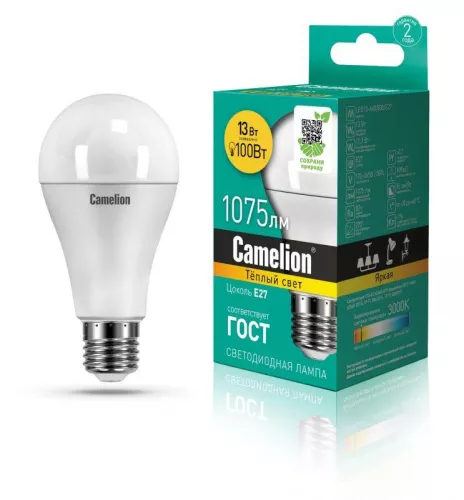 Лампа светодиодная LED13-A60/830/E27 13Вт грушевидная 3000К тепл. бел. E27 1045лм 220-240В Camelion 12045 Лампа светодиодная LED13-A60/830/E27 13Вт грушевидная 3000К тепл. бел. E27 1045лм 220-240В Camelion 12045