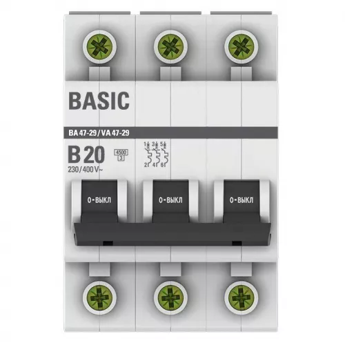 Выключатель автоматический модульный 3п B 20А 4.5кА ВА 47-29 Basic EKF mcb4729-3-20-B фото 2