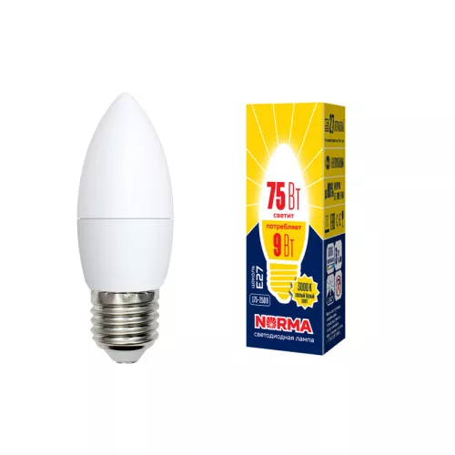 LED-C37-9W/WW/E27/FR/NR Лампа светодиодная. Форма "свеча", матовая. Серия Norma. Теплый белый свет (3000K). Картон. ТМ Volpe LED-C37-9W/WW/E27/FR/NR Лампа светодиодная. Форма "свеча", матовая. Серия Norma. Теплый белый свет (3000K). Картон. ТМ Volpe