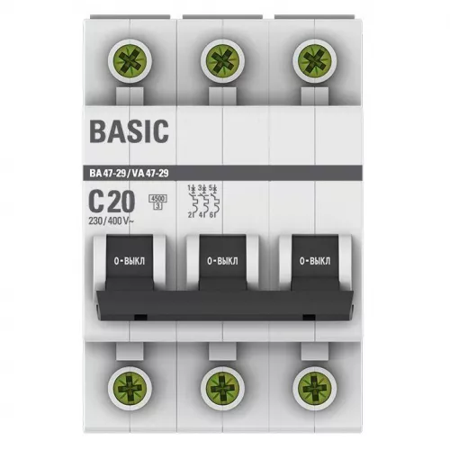 Выключатель автоматический модульный 3п C 20А 4.5кА ВА 47-29 Basic EKF mcb4729-3-20C фото 2