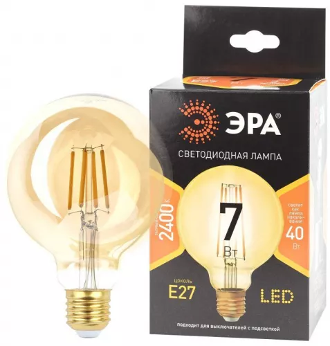 Лампа F-LED G95-7W-824-E27 gold (филамент шар зол. 7Вт тепл. E27) (20/420) ЭРА Б0047662 Лампа F-LED G95-7W-824-E27 gold (филамент шар зол. 7Вт тепл. E27) (20/420) ЭРА Б0047662