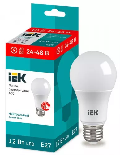 Лампа светодиодная A60 шар 12Вт 24-48В 4000К E27 (низковольтная) IEK LLE-A60-12-24-48-40-E27