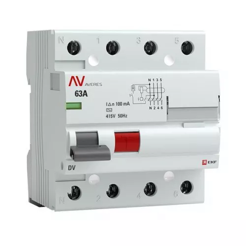 Выключатель дифференциального тока (УЗО) 4п 63А 100мА тип AC DV AVERES EKF rccb-4-63-100-ac-av Выключатель дифференциального тока (УЗО) 4п 63А 100мА тип AC DV AVERES EKF rccb-4-63-100-ac-av
