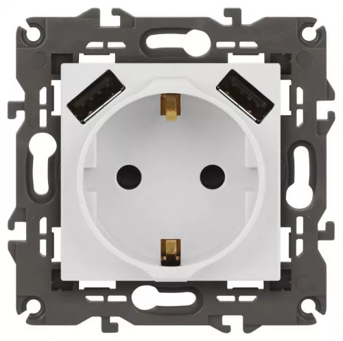 Розетка 16А 250В 2P+E с 2хUSB 5В-3А защ. шторки Elegance бел. 14-4109-01 ЭРА Б0047867