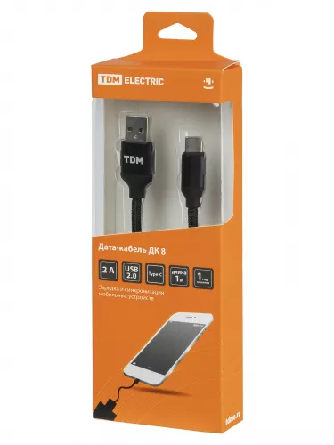 Дата-кабель, ДК 8, USB - USB Type-C, 1 м, тканевая оплетка, черный, TDM фото 4