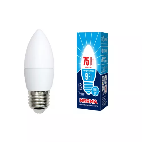 LED-C37-9W/NW/E27/FR/NR Лампа светодиодная. Форма "свеча", матовая. Серия Norma. Белый свет (4000K). Картон. ТМ Volpe LED-C37-9W/NW/E27/FR/NR Лампа светодиодная. Форма "свеча", матовая. Серия Norma. Белый свет (4000K). Картон. ТМ Volpe