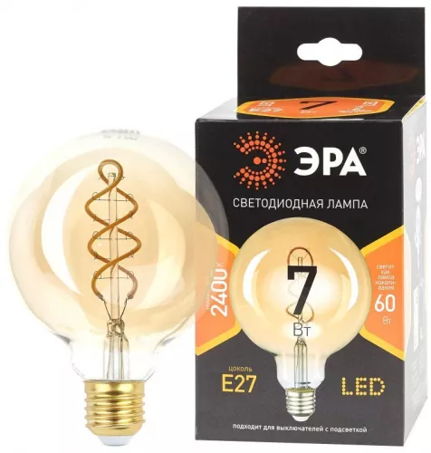 Лампа F-LED G95-7W-824-E27 spiral gold (филамент шар спир. зол. 7Вт тепл. E27) (20/560) ЭРА Б0047663 Лампа F-LED G95-7W-824-E27 spiral gold (филамент шар спир. зол. 7Вт тепл. E27) (20/560) ЭРА Б0047663