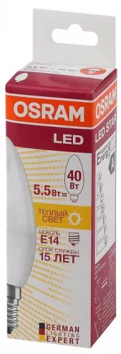 Лампа светодиодная LED STAR CLASSIC B 40 5W/827 5Вт свеча 2700К тепл. бел. E14 470лм 220-240В матов. пласт. OSRAM 4052899971608 фото 3