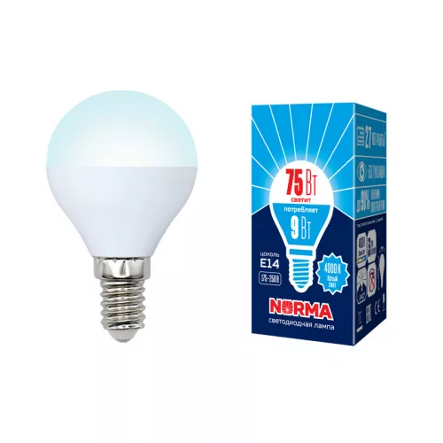 LED-G45-9W/NW/E14/FR/NR Лампа светодиодная. Форма "шар", матовая. Серия Norma. Белый свет (4000K). Картон. ТМ Volpe LED-G45-9W/NW/E14/FR/NR Лампа светодиодная. Форма "шар", матовая. Серия Norma. Белый свет (4000K). Картон. ТМ Volpe