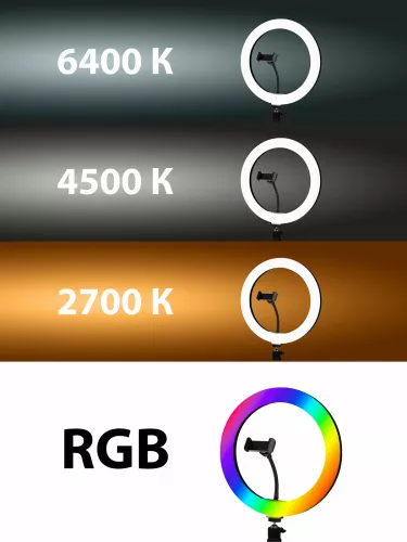 Лампа кольцевая светодиодная 30 см, 16 Вт, 2700-6400 К+RGB, штатив наст., диммер, ПДУ, USB, TDM фото 5