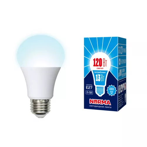 LED-A60-13W/NW/E27/FR/NR Лампа светодиодная. Форма "A", матовая. Серия Norma. Белый свет (4000K). Картон. ТМ Volpe