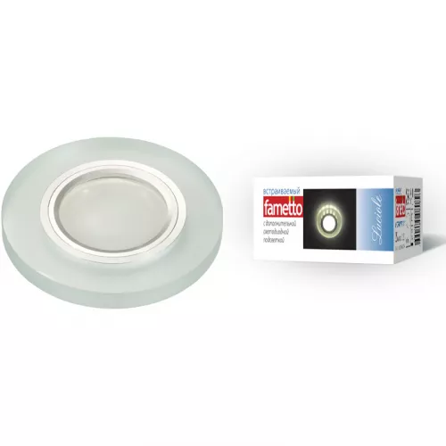 DLS-L112 GU5.3 CHROME/MATT CLEAR Светильник декоративный встраиваемый, серия Luciole. Без лампы, цоколь GU5.3. Доп. светодиодная подсветка 3Вт. Металл/стекло. Хром/матовый+прозрачный. ТМ Fametto