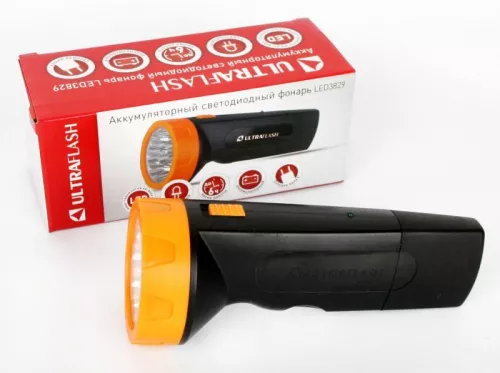 Фонарь LED 3829 (аккум. 220В черн./желт. 9 LED SLA пласт. коробка) Ultraflash 11240