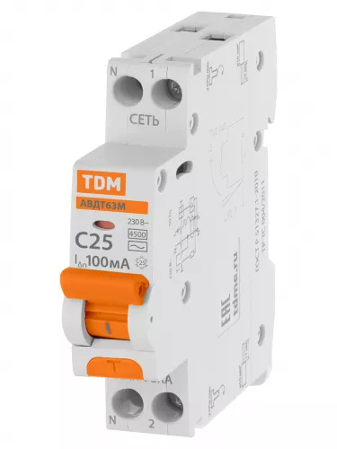АВДТ 63М 2P(1P+N) C25 100мА 4,5кА тип АС TDM фото 2