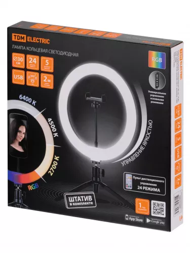 Лампа кольцевая светодиодная 30 см, 16 Вт, 2700-6400 К+RGB, штатив наст., диммер, ПДУ, USB, TDM фото 3