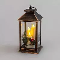 Фонарь декоративный со свечкой и шишкой бронзов. корпус 14x14x27см тепл. бел. Neon-Night 513-048