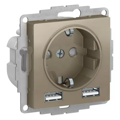 Механизм розетки 3-м СП AtlasDesign 16А IP20 с 2-мя заряд. устройствами USBA+A 5В/2.4А 2х5В/1.2А шампань SchE ATN000530