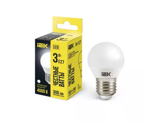 Лампа светодиодная ECO G45 3Вт шар 4000К бел. E27 216лм 230-240В IEK LLE-G45-3-230-40-E27