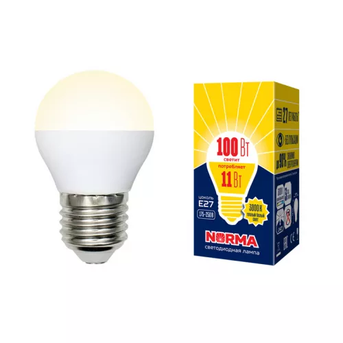 LED-G45-11W/WW/E27/FR/NR Лампа светодиодная. Форма "шар", матовая. Серия Norma. Теплый белый свет (3000K). Картон. ТМ Volpe LED-G45-11W/WW/E27/FR/NR Лампа светодиодная. Форма "шар", матовая. Серия Norma. Теплый белый свет (3000K). Картон. ТМ Volpe