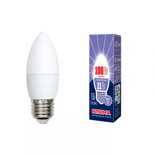 LED-C37-11W/DW/E27/FR/NR Лампа светодиодная. Форма "свеча", матовая. Серия Norma. Дневной белый свет (6500K). Картон. ТМ Volpe LED-C37-11W/DW/E27/FR/NR Лампа светодиодная. Форма "свеча", матовая. Серия Norma. Дневной белый свет (6500K). Картон. ТМ Volpe