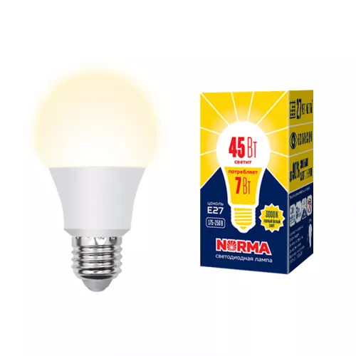LED-A60-7W/3000K/E27/FR/NR Лампа светодиодная. Форма "A", матовая. Серия Norma. Теплый белый свет (3000K). Картон. ТМ Volpe LED-A60-7W/3000K/E27/FR/NR Лампа светодиодная. Форма "A", матовая. Серия Norma. Теплый белый свет (3000K). Картон. ТМ Volpe