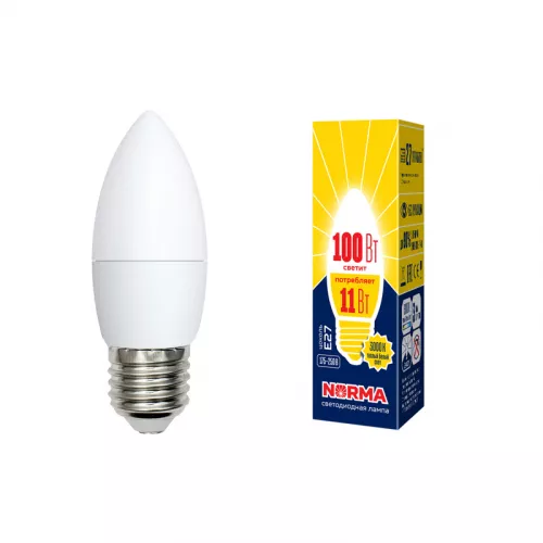 LED-C37-11W/WW/E27/FR/NR Лампа светодиодная. Форма "свеча", матовая. Серия Norma. Теплый белый свет (3000K). Картон. ТМ Volpe