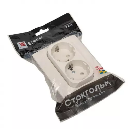 Розетка 2-м СП Стокгольм 16А IP20 с заземл. защ. шторки бел. PROxima EKF EXR16-128-10 фото 3
