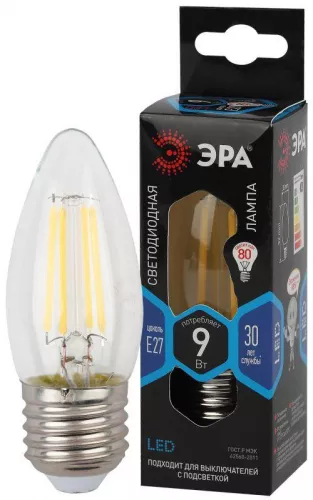Лампа светодиодная филаментная F-LED B35-9w-840-E27 B35 9Вт свеча E27 нейтр. бел. ЭРА Б0046997
