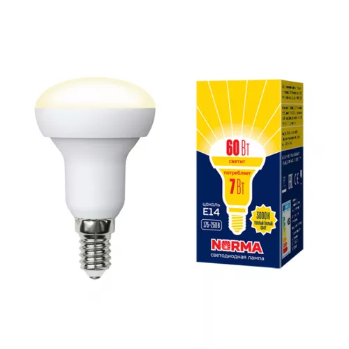 LED-R50-7W/WW/E14/FR/NR Лампа светодиодная. Форма "Рефлектор", матовая. Серия Norma. Теплый белый свет (3000K). Картон. ТМ Volpe