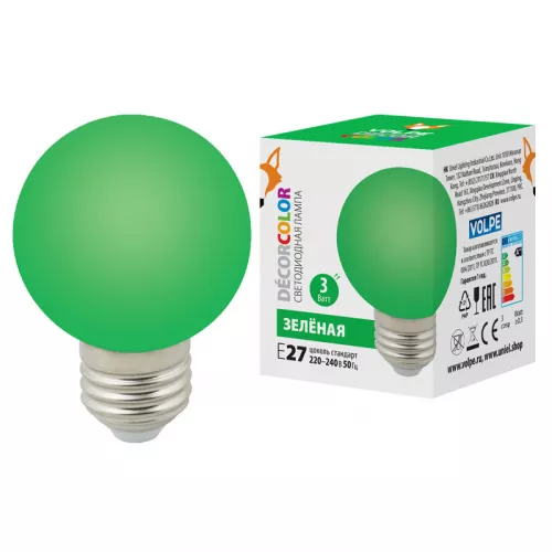 LED-G60-3W/GREEN/E27/FR/С Лампа декоративная светодиодная. Форма "шар", матовая. Цвет зеленый. Картон. ТМ Volpe. LED-G60-3W/GREEN/E27/FR/С Лампа декоративная светодиодная. Форма "шар", матовая. Цвет зеленый. Картон. ТМ Volpe.