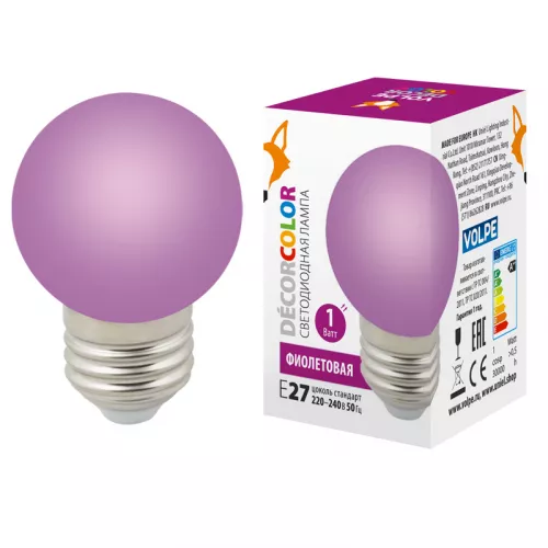LED-G45-1W/PURPLE/E27/FR/С Лампа декоративная светодиодная. Форма "шар", матовая. Цвет фиолетовый. Картон. ТМ Volpe. LED-G45-1W/PURPLE/E27/FR/С Лампа декоративная светодиодная. Форма "шар", матовая. Цвет фиолетовый. Картон. ТМ Volpe.