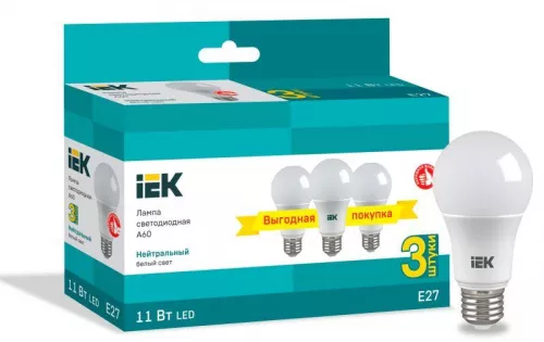Лампа светодиодная A60 шар 11Вт 230В 4000К E27 (уп.3шт) IEK LLE-A60-11-230-40-E27-3