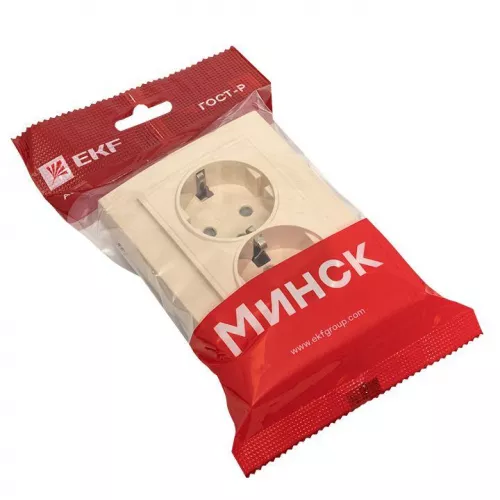 Розетка 2-м СП Минск 16А IP20 с заземл. защ. шторки беж. EKF ERR16-128-200 фото 3
