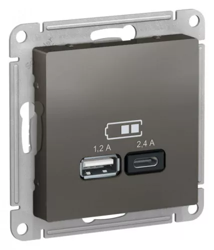 Механизм розетки USB AtlasDesign A+С 5В/2.4А 2х5В/1.2А сталь SchE ATN000939