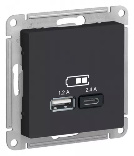 Механизм розетки USB AtlasDesign A+С 5В/2.4А 2х5В/1.2А карбон SchE ATN001039