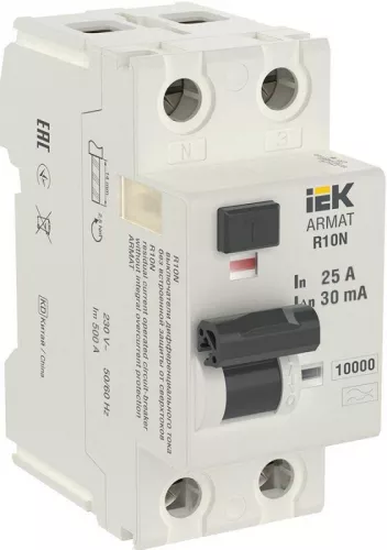 Выключатель дифференциального тока 2п 25А 30мА тип A ВДТ R10N ARMAT IEK AR-R10N-2-025A030