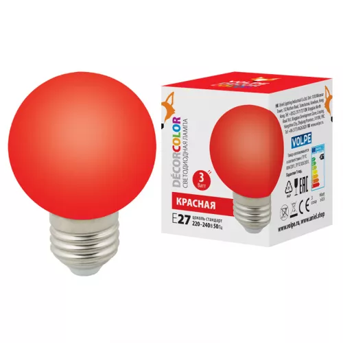 LED-G60-3W/RED/E27/FR/С Лампа декоративная светодиодная. Форма "шар", матовая. Цвет красный. Картон. ТМ Volpe. LED-G60-3W/RED/E27/FR/С Лампа декоративная светодиодная. Форма "шар", матовая. Цвет красный. Картон. ТМ Volpe.