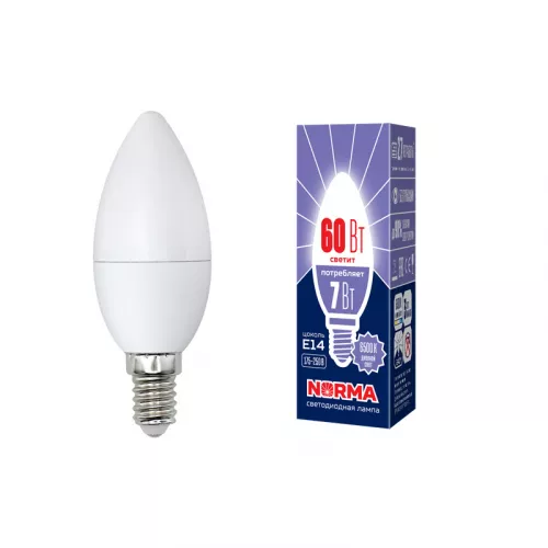 LED-C37-7W/DW/E14/FR/NR Лампа светодиодная. Форма "свеча", матовая. Серия Norma. Дневной белый свет (6500K). Картон. ТМ Volpe LED-C37-7W/DW/E14/FR/NR Лампа светодиодная. Форма "свеча", матовая. Серия Norma. Дневной белый свет (6500K). Картон. ТМ Volpe