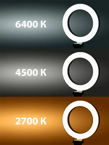 Лампа кольцевая светодиодная 16 см, 6 Вт, 2700-6400 К, штатив наст., диммер, USB, TDM фото 5
