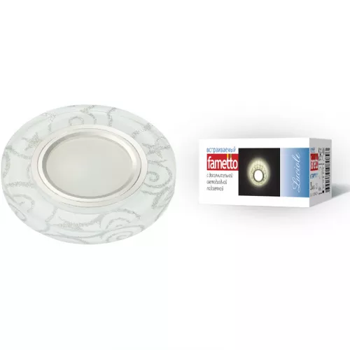 DLS-L202 GU5.3 CHROME/WHITE Светильник декоративный встраиваемый, серия Luciole. Без лампы. Доп.подсветка 3Вт. Металл, цвет хром. Отделка стекло белое с серебром. ТМ Fametto.